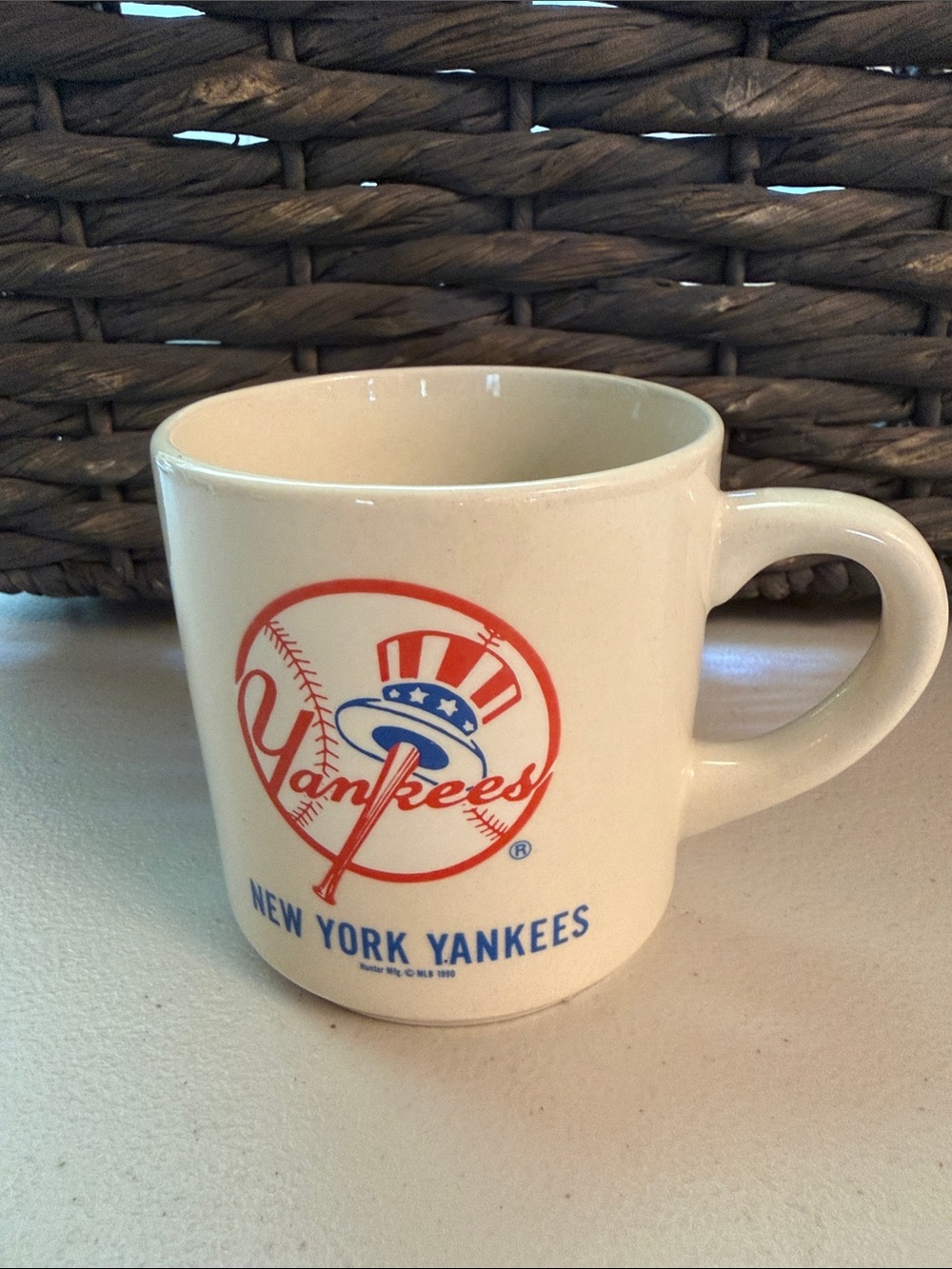 Vintage 1992 MLB New York Yankees Cream Mug with Red and Blue Logo